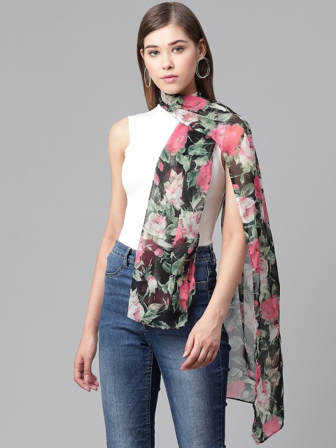 

WEAVERS VILLA Women Black & Pink Floral Printed Stole
