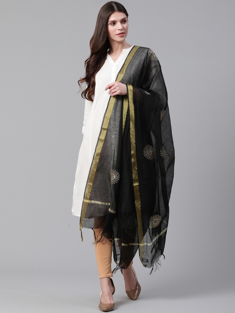 

WEAVERS VILLA Black & Golden Printed Dupatta