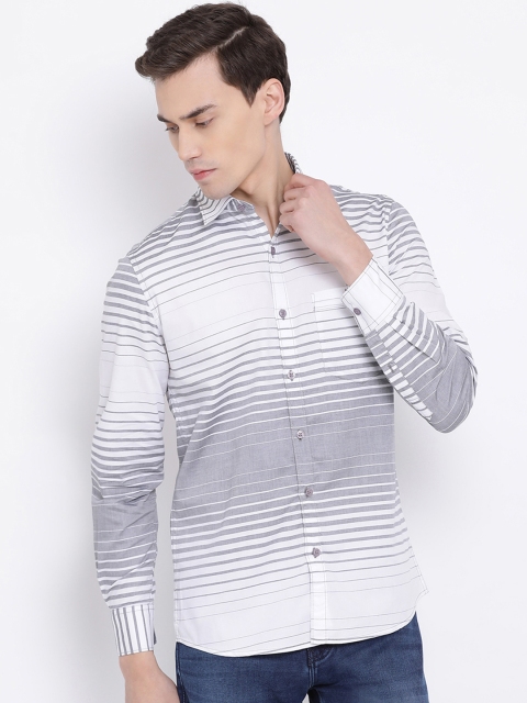 

Crimsoune Club Men White & Grey Slim Fit Striped Casual Shirt
