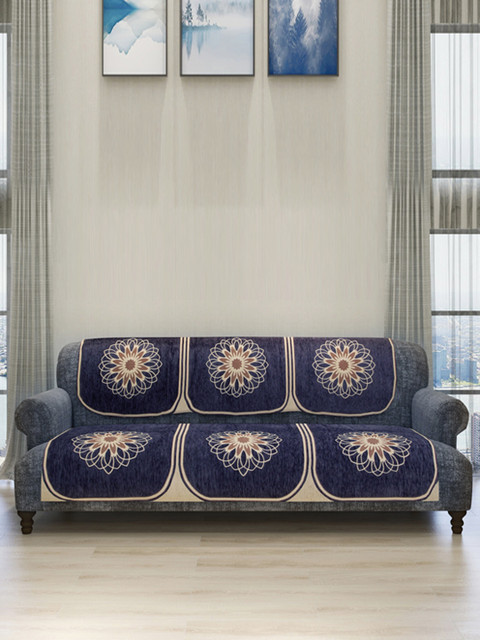 

ROMEE 6-Piece Navy & Beige Woven Design Chenille Sofa Set Covers, Navy blue