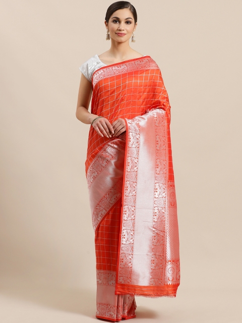 

Mitera Orange & Silver Checked Banarasi Saree