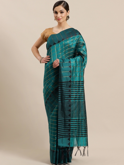 

Mitera Teal Green & Gold Zari Checked Mangalagiri Saree