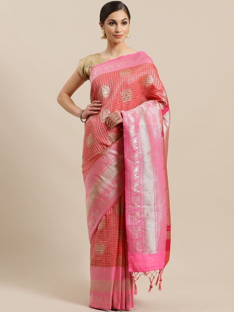 

Mitera Pink & Silver Woven Design Kanjeevaram Saree