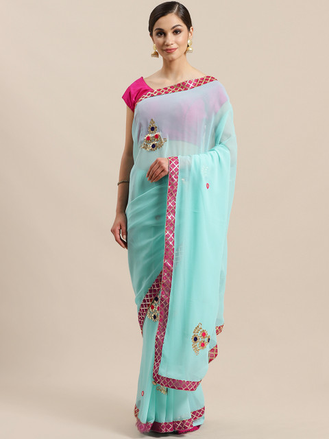 

Mitera Blue & Pink Embellished Saree
