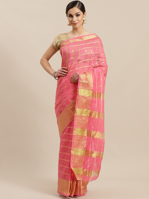 

Mitera Pink & Golden Self-Checked Mangalagiri Saree