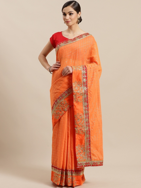 

Mitera Orange & Golden Embellished Checked Saree