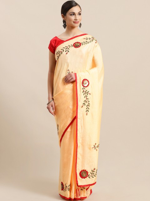 

Mitera Peach-Red Coloured Solid Saree