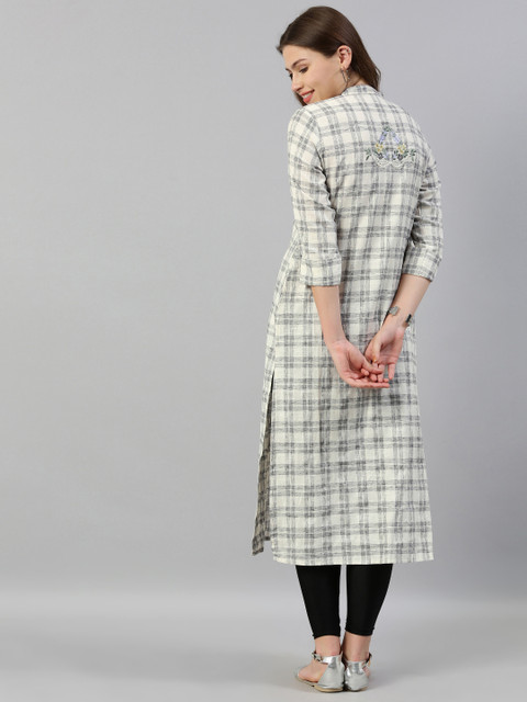 

Neerus Women White & Grey Checked Straight Kurta With Embroidery