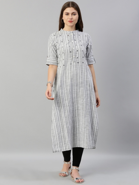 

Neerus Women Grey & White Striped Straight Kurta With Mirror Work