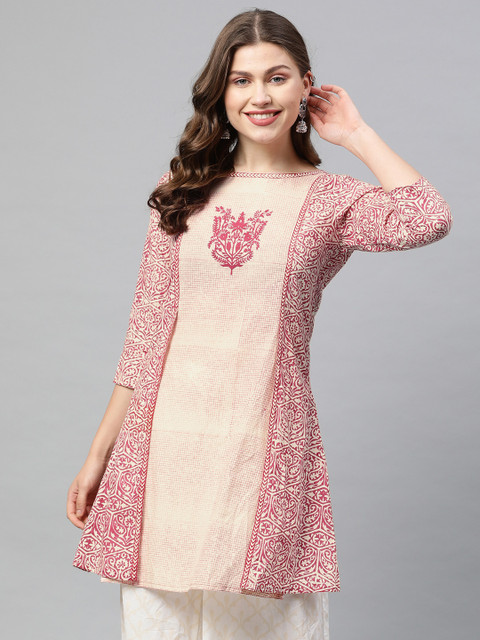 

Neerus Women Red & Beige Printed A-Line Panelled Kurta