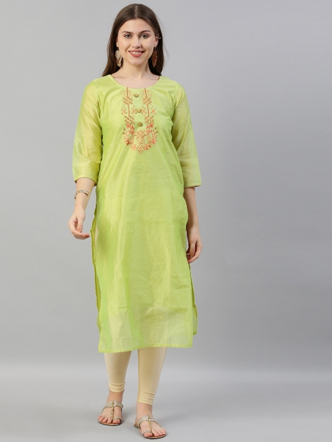 

Neerus Women Green Solid Straight Kurta With Embroidered Detailing
