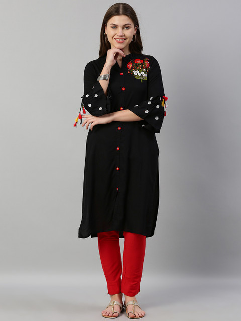 

Neerus Women Black Embroidered Straight Kurta With Bell Sleeves