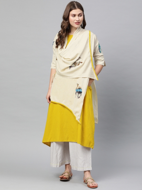 

Neerus Women Mustard Yellow & Off-White Solid A-Line Kurta With Shrug