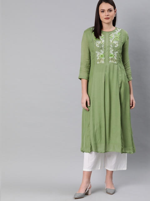 

Neerus Women Green Embroidered A-Line Kurta