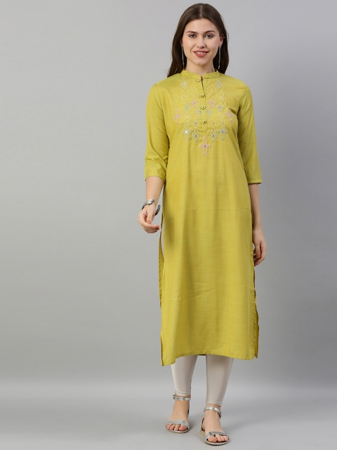 

Neerus Women Mustard Yellow & Green Embroidered Straight Kurta With Mirror Work