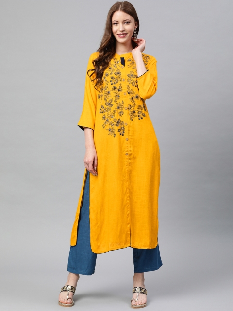 

Neerus Women Mustard Yellow Embroidered Straight Kurta With Mirror Work