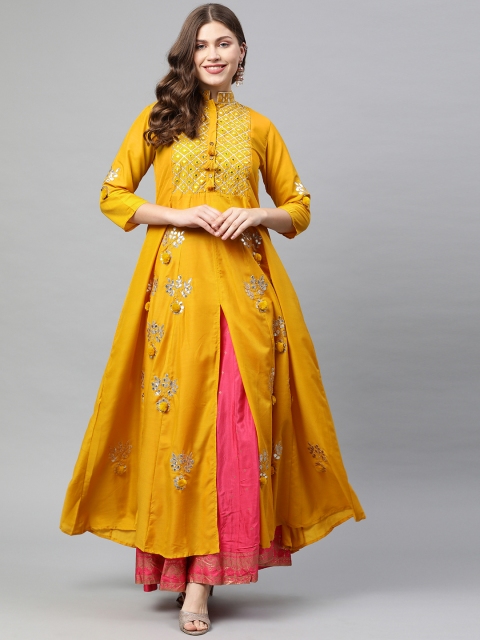 

Neerus Women Mustard Yellow Solid Gotta Patti Detailed A-Line Kurta