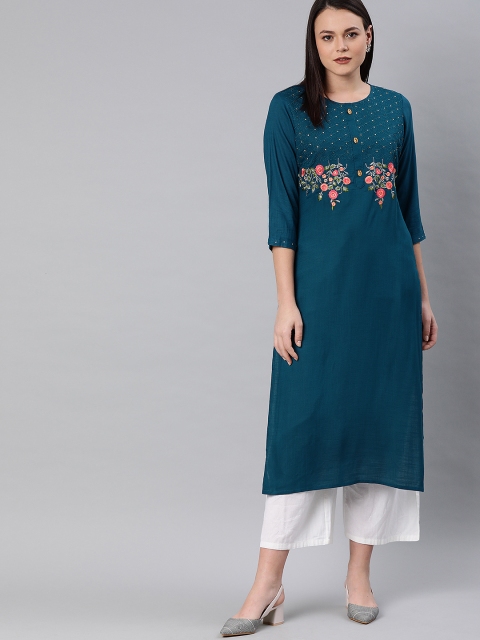

Neerus Women Teal Green Embroidered Straight Kurta