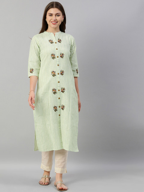 

Neerus Women Green & White Striped Straight Kurta With Embroidery