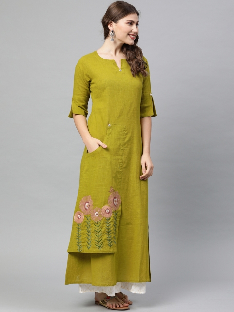 

Neerus Women Green Solid A-Line Layered Kurta With Embroidery