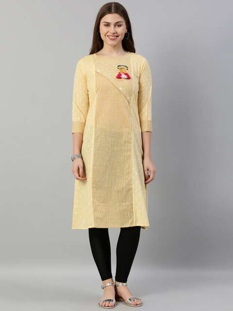 

Neerus Women Yellow Striped Panelled A-Line Kurta With Embroidered Detailing
