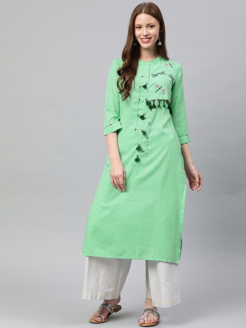 

Neerus Women Sea Green Solid Straight Kurta With Tassels