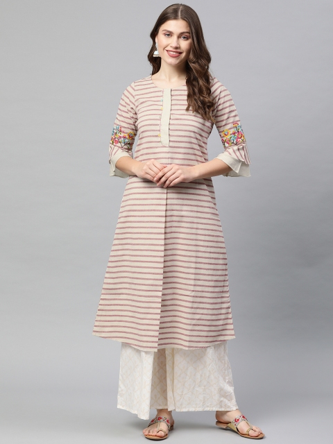 

Neerus Women Off-White & Pink Striped A-Line Kurta