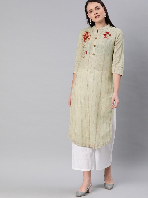 

Neerus Women Beige & Blue Striped Straight Kurta With Applique Detail