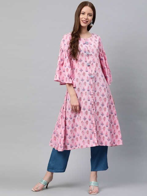 

Neerus Women Pink & Blue Printed A-Line Linen Kurta With Tussle Detail
