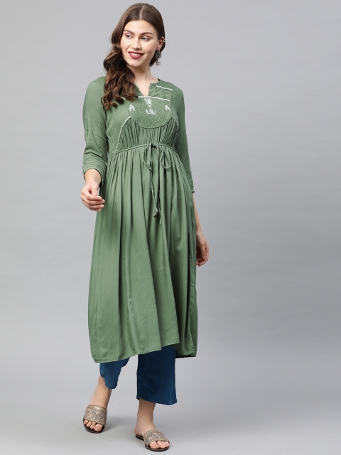 

Neerus Women Green Embroidered A-Line Kurta with Tie-Up Detail & Gatherers