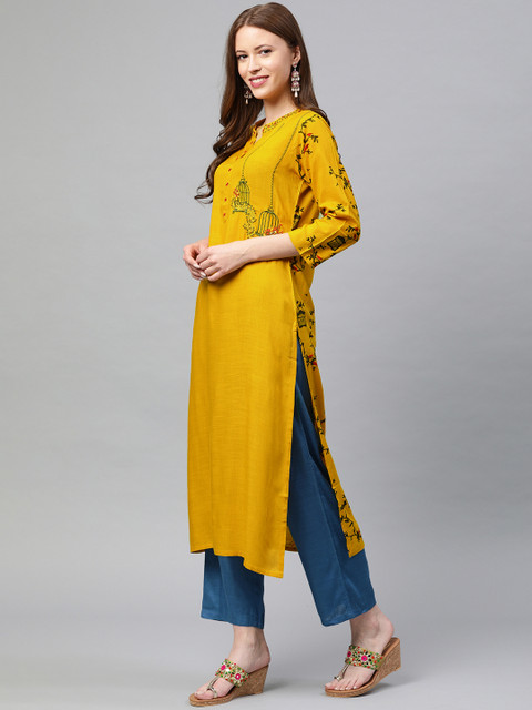 

Neerus Women Mustard Yellow & Black Quirky Printed Straight Kurta With Embroidery