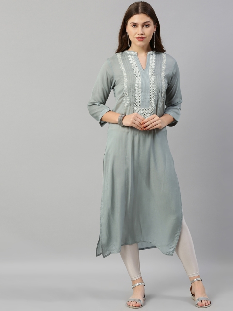 

Neerus Women Grey & White Embroidered Yoke Design Straight Kurta With Mirror Work