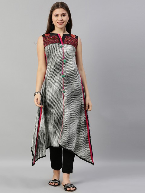 

Neerus Women Black & White Checked Asymmetric A-Line Kurta With Embroidered Detailing