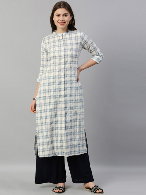 

Neerus Women Off-White & Blue Checked Straight Kurta