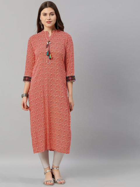 

Neerus Women Red & Off-White Leheriya Printed Straight Kurta With Embroidery
