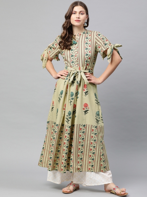 

Neerus Women Beige & Blue Printed Tie-Up Sleeve A-Line Kurta