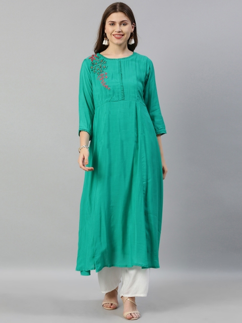 

Neerus Women Sea Green Solid A-Line Kurta With Embellishments and Applique