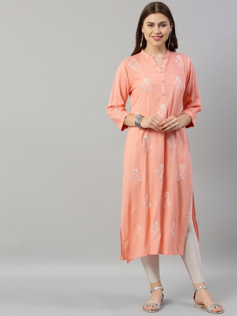 

Neerus Women Peach-Coloured & White Embroidered Straight Kurta