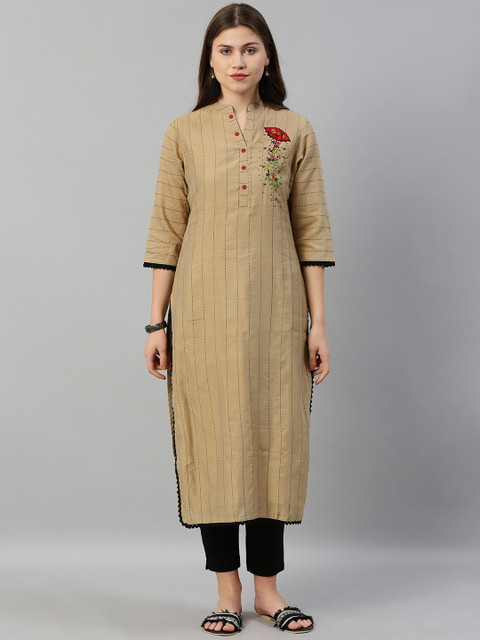 

Neerus Women Beige & Black Striped Straight Kurta With Embroidery