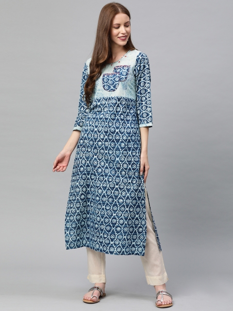 

Neerus Women Blue & White Printed Straight Kurta