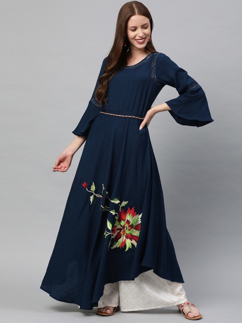 

Neerus Women Navy Blue Solid Asymmetrical Hem A-Line Kurta With Embroidered Detail