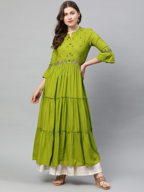 

Neerus Women Green Woven Design A-Line Tiered Kurta