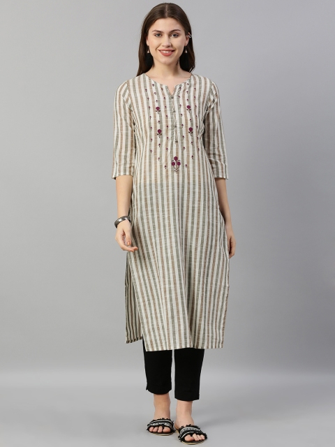 

Neerus Women Off-White & Grey Striped Straight Kurta with Embroidery