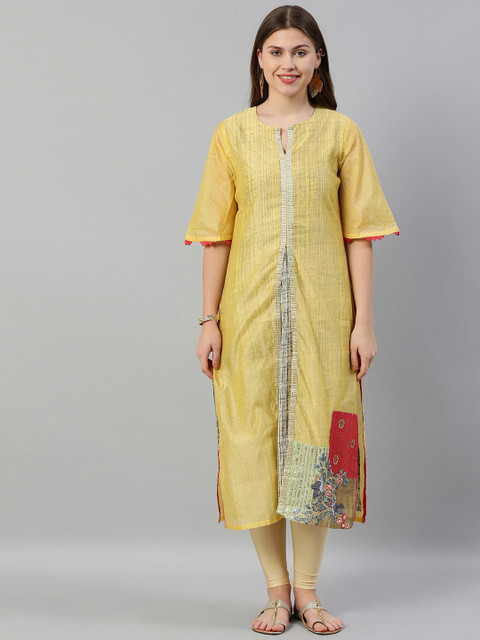 

Neerus Women Yellow & Grey Solid Layered Straight Kurta With Embroidered Detailing