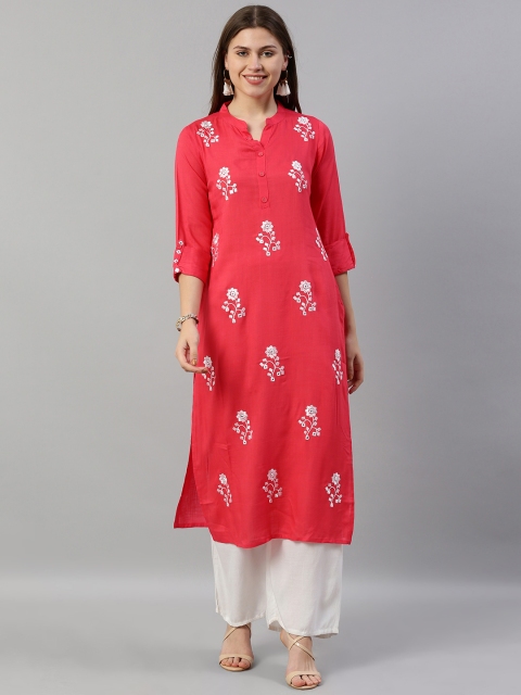 

Neerus Women Pink Embroidered Straight Kurta with Mirror Work