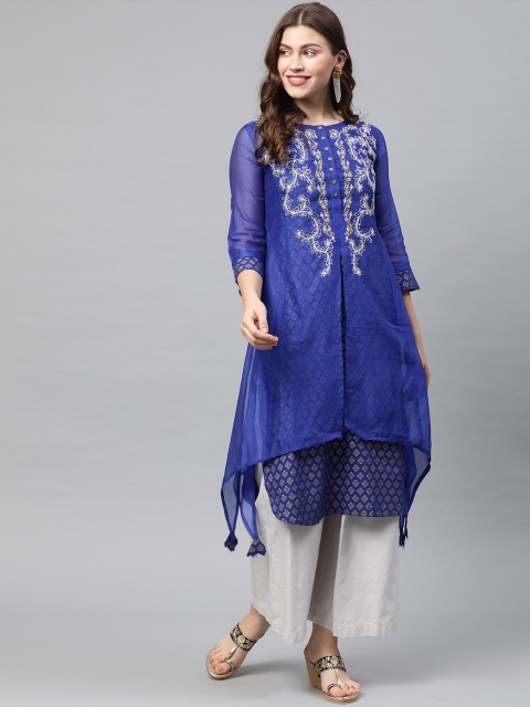 

Neerus Women Blue & White Embroidered A-Line Layered Kurta