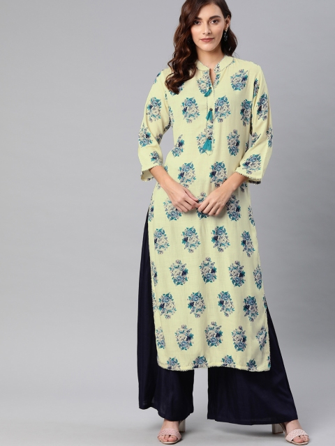 

Neerus Women Beige & Blue Floral Printed Straight Kurta