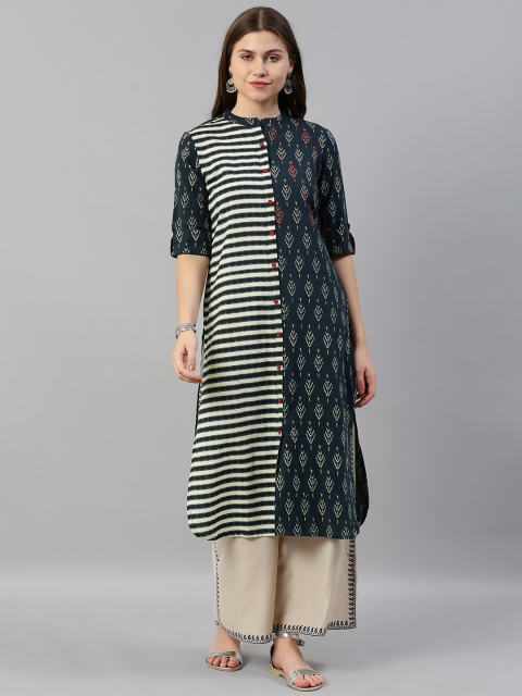 

Neerus Women Navy Blue & White Striped Straight Kurta
