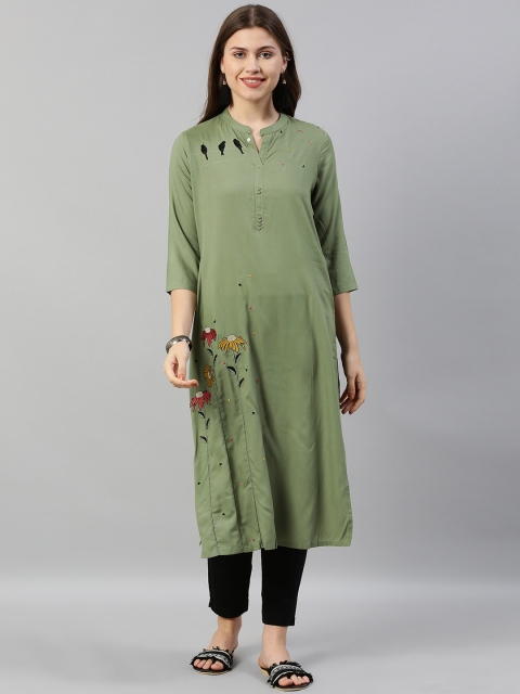 

Neerus Women Olive Green Embroidered Straight Kurta
