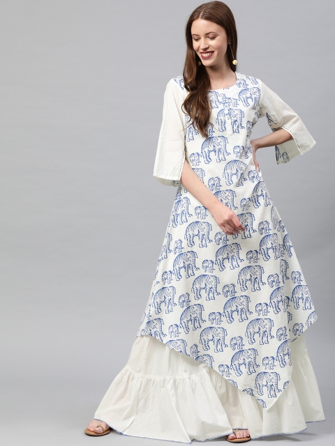 

Neerus Women White & Blue Printed Tiered A-Line Layered Kurta